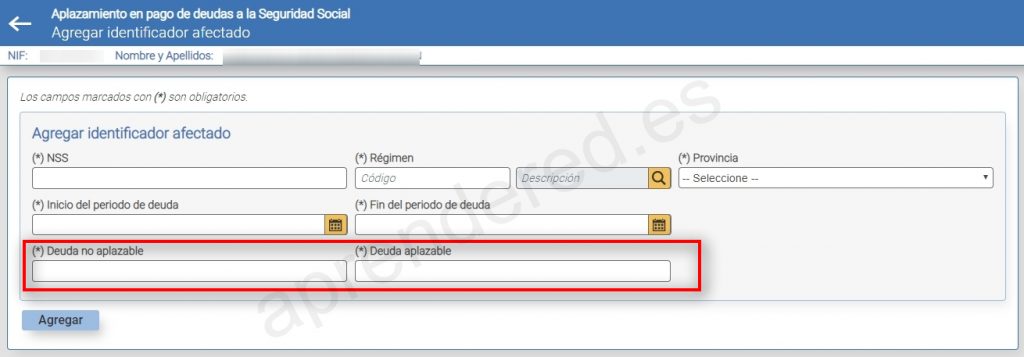 Guía moratoria y aplazamiento en la Seguridad Social 7 Agregar identificador afectado.