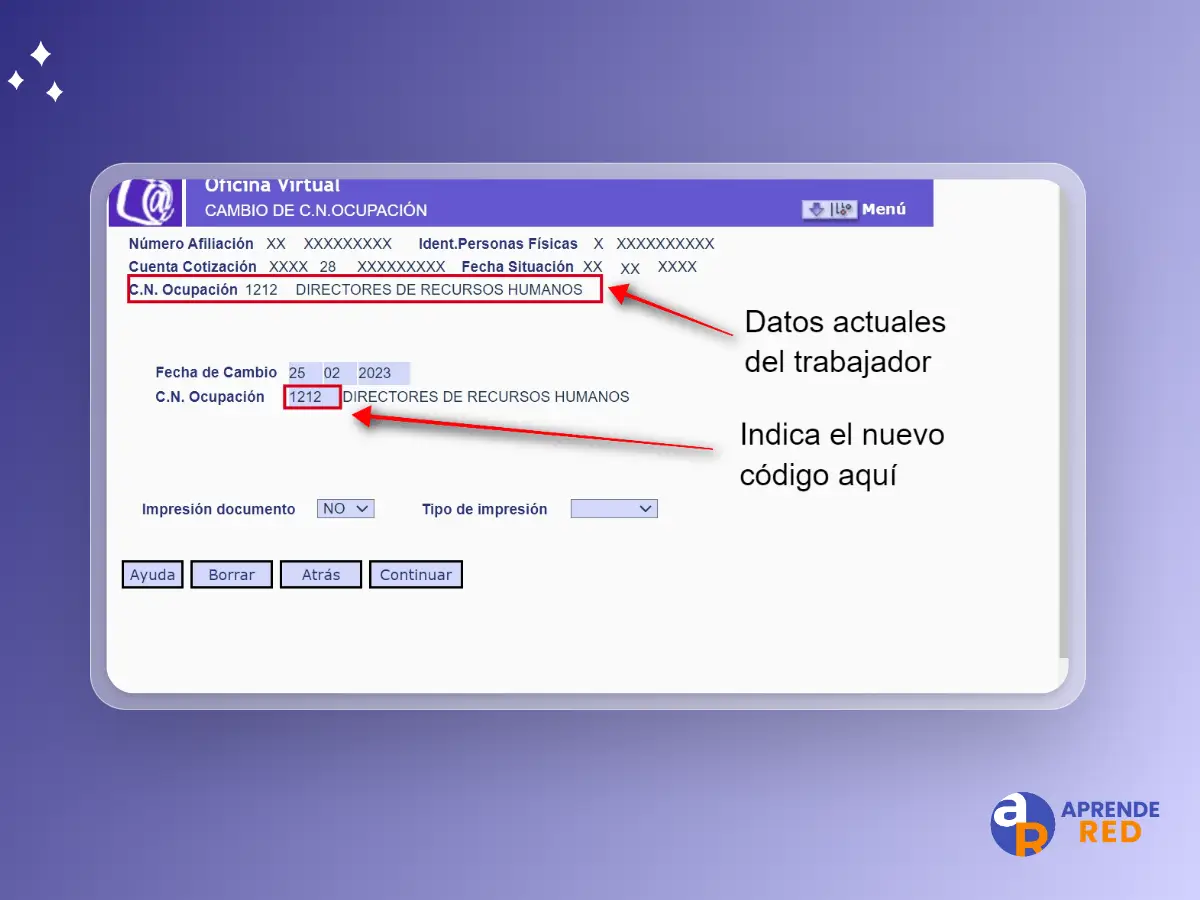 Indicar nuevo C.N. Ocupación trabajador